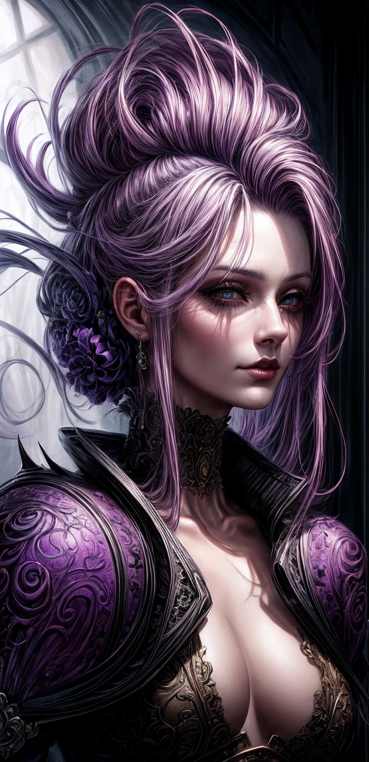 a digital painting of a woman with purple hair, scary detailed art in color, mark brooks detailed, highly detailed fantasy art, by Todd Lockwood, close-up portrait goddess skull, intricate detailed digital art, beautiful fantasy art portrait, extraordinarily detailed woman, detailed fantasy digital art, digital art fantasy art, amazing detail digital art