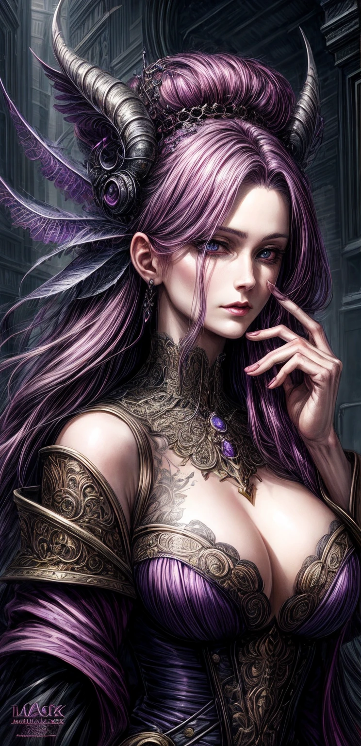 a digital painting of a woman with purple hair, scary detailed art in color, mark brooks detailed, highly detailed fantasy art, by Todd Lockwood, close-up portrait goddess skull, intricate detailed digital art, beautiful fantasy art portrait, extraordinarily detailed woman, detailed fantasy digital art, digital art fantasy art, amazing detail digital art