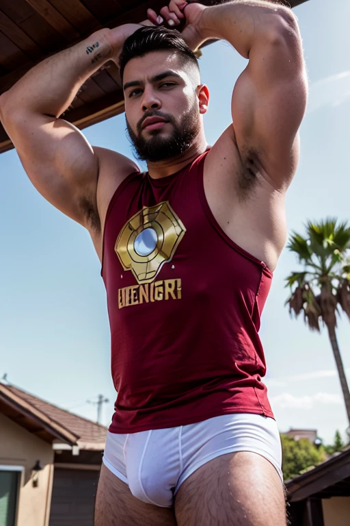 male, brunette, latino  muscular, green eyes, Light skin, small beard, hunter eyes, latino in warm vibrant colors, tattoos, muscular, hairy body , 20 years old , a raised arm, brazos super muscular ,beefy fat , big super hairy body , chubby, Profile, Bear gay, chubby, male years, in tight white boxer , Red and Metallic Gold Avengers Logo Print Tank Top,above the house fashion cute pretty, gran nitidez, super nice , cuerpo completo claro, claridad, nitidez, ojos perfectos 