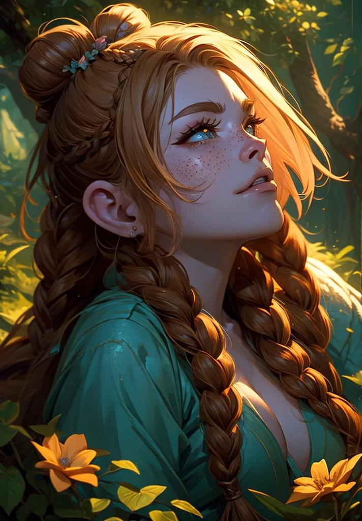 full color, (((nude:1.2))), large breast:1.3, fantasy game world, a young dwarf researcher woman in thick dark forest, blond hair, 2 buns, 2 braids, very pale skin, lots of freckles, checking a flower, large eyes, closeup of face, facing upward, thick:1.4, angry expression