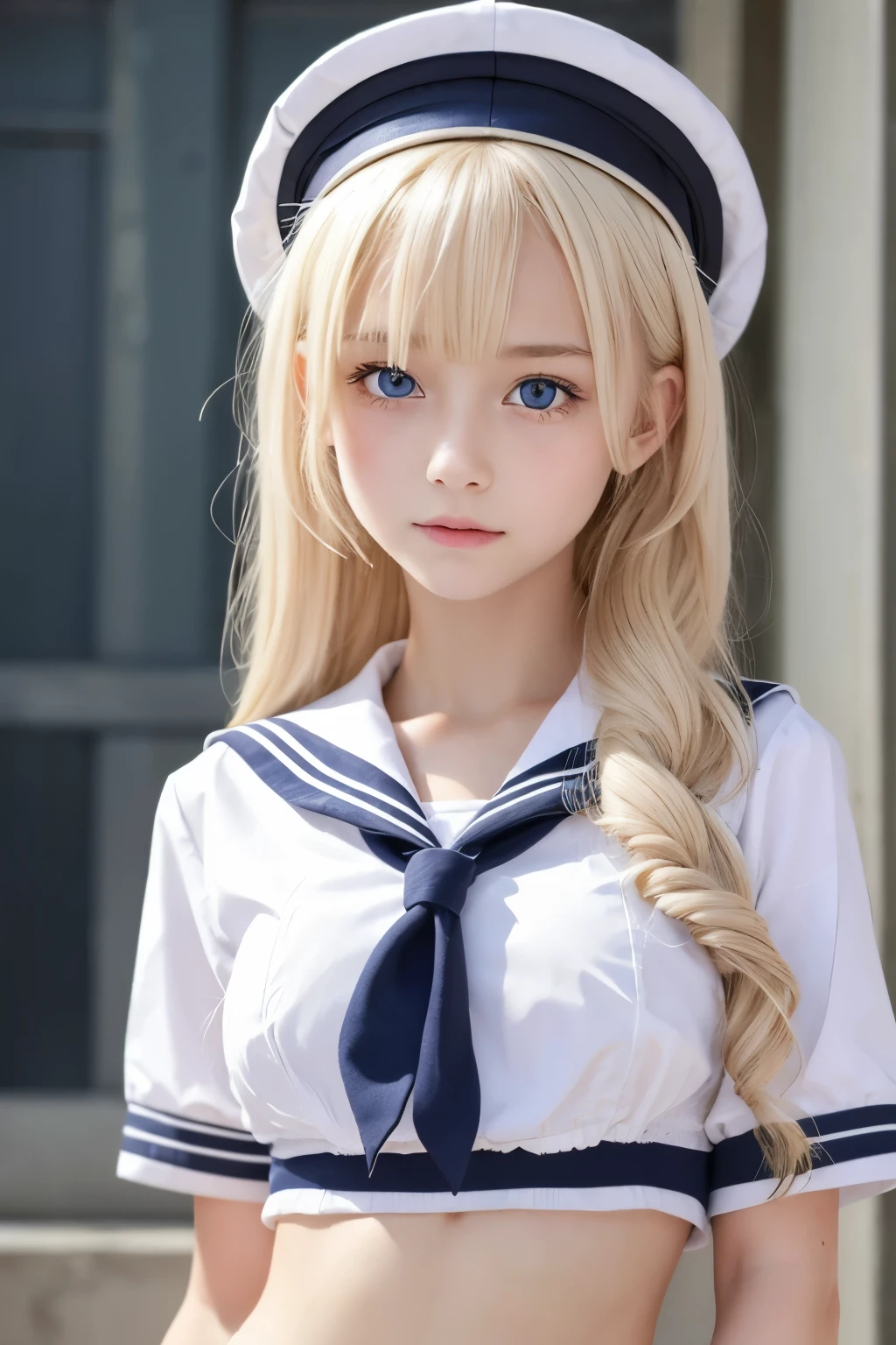 A German girl with a sexy innocent face and wavy platinum blonde hair. A sailor uniform with a ripped navel showing. 12 years old. Big eyes.