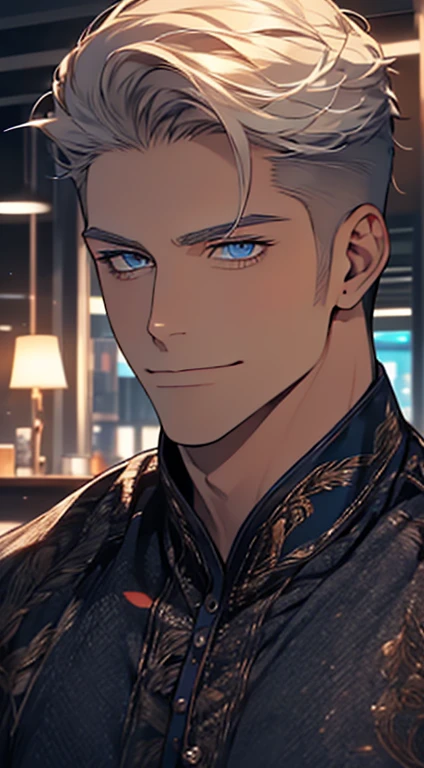 (best quality, masterpiece, 8K, photorealistic, cinematic lighting, hdr image, ultra detailed, beautiful image), 1 man, 31 years old, mature man, very handsome, (without expression, smile), short white hair, blue eyes ( penetrating gaze), perfect face without errors, imposing posture, without errors, businessman, office background