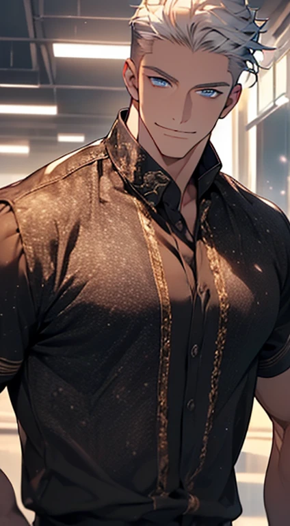 (best quality, masterpiece, 8K, photorealistic, cinematic lighting, hdr image, ultra detailed, beautiful image), 1 man, 31 years old, mature man, very handsome, (without expression, smile), short white hair, blue eyes ( penetrating gaze), perfect face without errors, imposing posture, without errors, businessman, office background