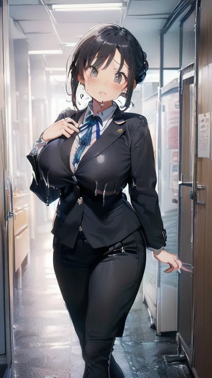 Erotic Anime Illustration、Highest image quality、Plump and horny female police officer shows off her vagina at the police station、perfect proportions、Overwhelmingly large breasts、thick legs with fat、big areola、Beautiful shining eyes、cowboy shot、get into heat、smile、shaved pussy、exposing nipples、Detailed depiction of the vagina、spread legs、intense sweating