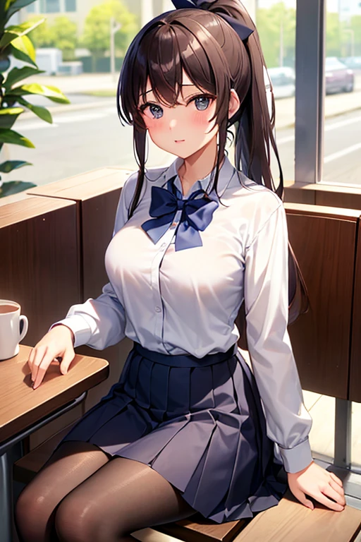 Real、Highest quality、cute、girl、high school student、ponytail、Brown Hair、Beautiful eyes、Beautiful Lips、Navy blue pleated skirt、White shirt、A bow tie、Black socks、Slightly larger breasts、Coffee shop、Sitting in a chair、It's raining outside