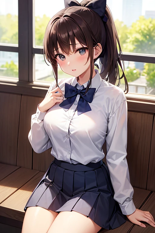 (round face), eyes with realistic sizing, drooping eyes, blush, sweat, shame, pleated skirt, ribbon, ((standing close the table corner and straddling to hit her crotch against the corner of the table for masturbation, self pleasure, open legs)), open mouth, braid, outside,