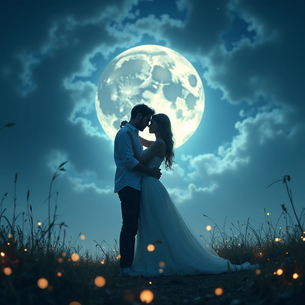 (Moonlit Confession, Couple proposal:1.2), visualized in Chrono-Twist, bending time and space, using swirling sky blue and Moonlight Silver, RAW photo, color graded, surreal, (captivating chiaroscuro:0.1), dynamic movement, full body, (special effects:0.1), award-winning, cinematic still, emotional, dynamic, vivid, (masterpiece, best quality, photorealistic, Professional, perfect composition, very aesthetic, absurdres, ultra-detailed, intricate details:1.3)