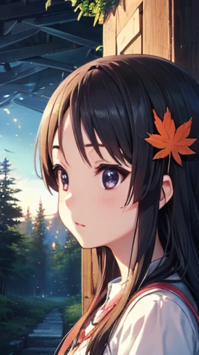 quality\(8k,Highly detailed CG unit wallpaper, masterpiece,High resolution,top-quality,top-quality real texture skin,surreal,Increase the resolution,RAW Photos,highest quality,Very detailed,wallpaper\),BREAK、Mio Akiyama (black hair, dark eyes), BREAK, Circle image、Red Forestを歩く、Maple tree々、Maple leaf、Red Forest、Long Shot、The subject is small、Beautiful dense forest BREAK、Overall dark、Cinema Lighting、Very sophisticated lighting、