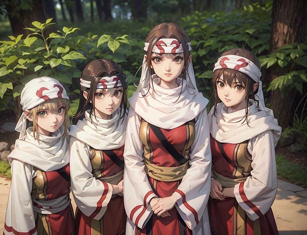 4 girls Mikoto Misaka character face standing together group photo brown hair brown eyes bandana on forehead
Priestess - Goblin Slayer