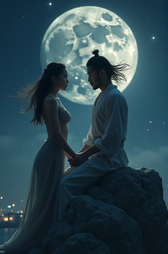 masterpiece, Highest image quality, photo realistic, Raw photo, full body photo, (night, giant Moon in the sky :1.4, in ancient japan , young man and beauty woman, man talk to woman under the stone, man and woman facing each other, man hands push the stone over woman shoulder, bare body, transparent top, whispered words, open eyes), many giant meteor strike on the ground, flying hair,