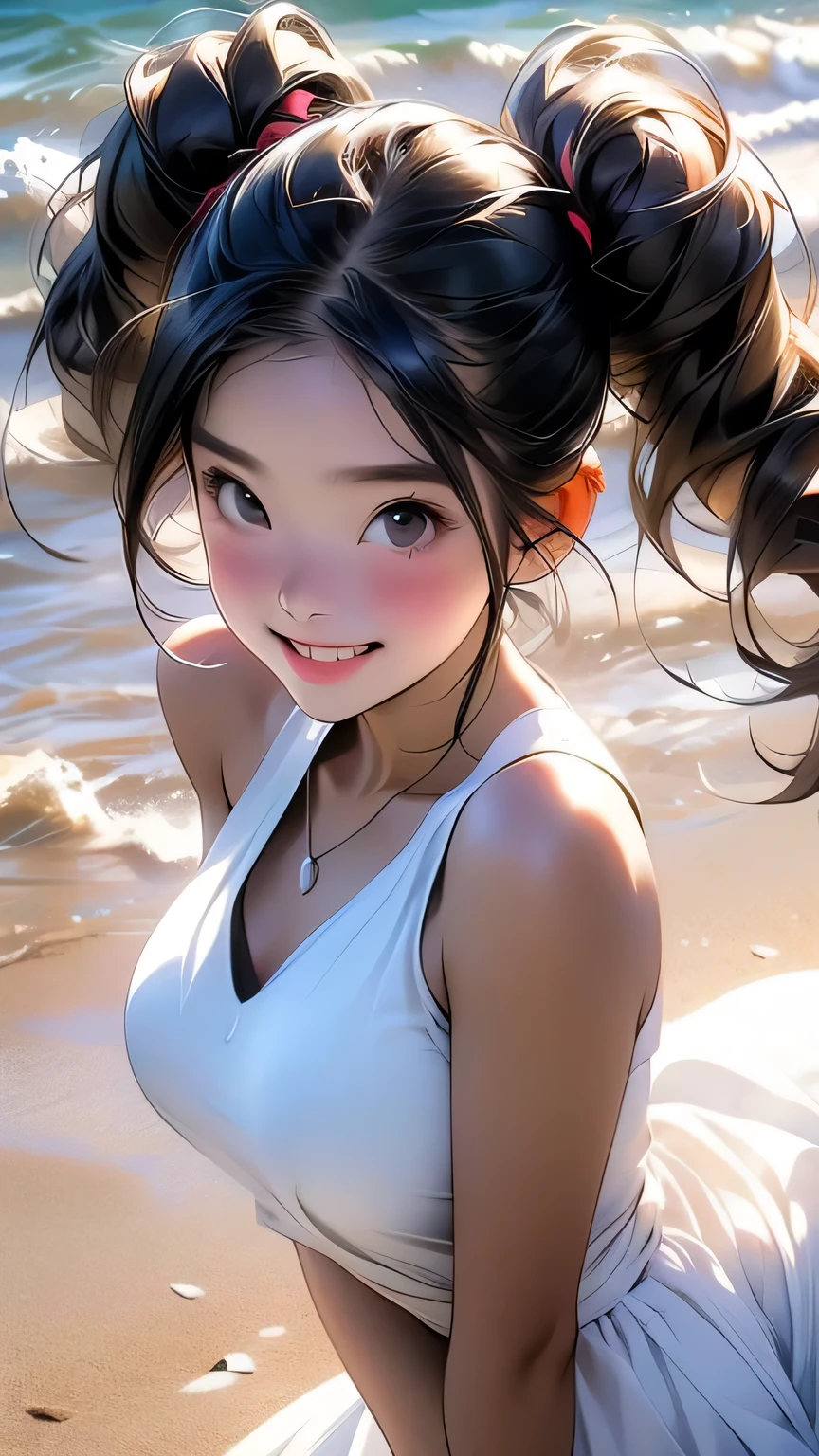 最high quality, masterpiece, , ,short, Huge breasts, Black Hair,Low twin tails, Black eyes, Yukinecris, Thin twin tails,, Beach, Ocean, White Dress, White Skirt, White dress, Straw hat, (((shy))), (Happy), Leaning forward, summer, From above, Reaching out, smile, masterpiece, 最high quality, high quality, High resolution、 ((smile)), smileで、((Random pose))、