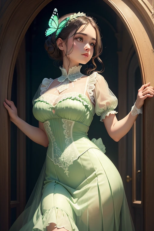 ((masterpiece)), (Highest quality), (Simple style), Light green transparent dress, Butterfly Heart, Pleated lace, edwardian lace dress.