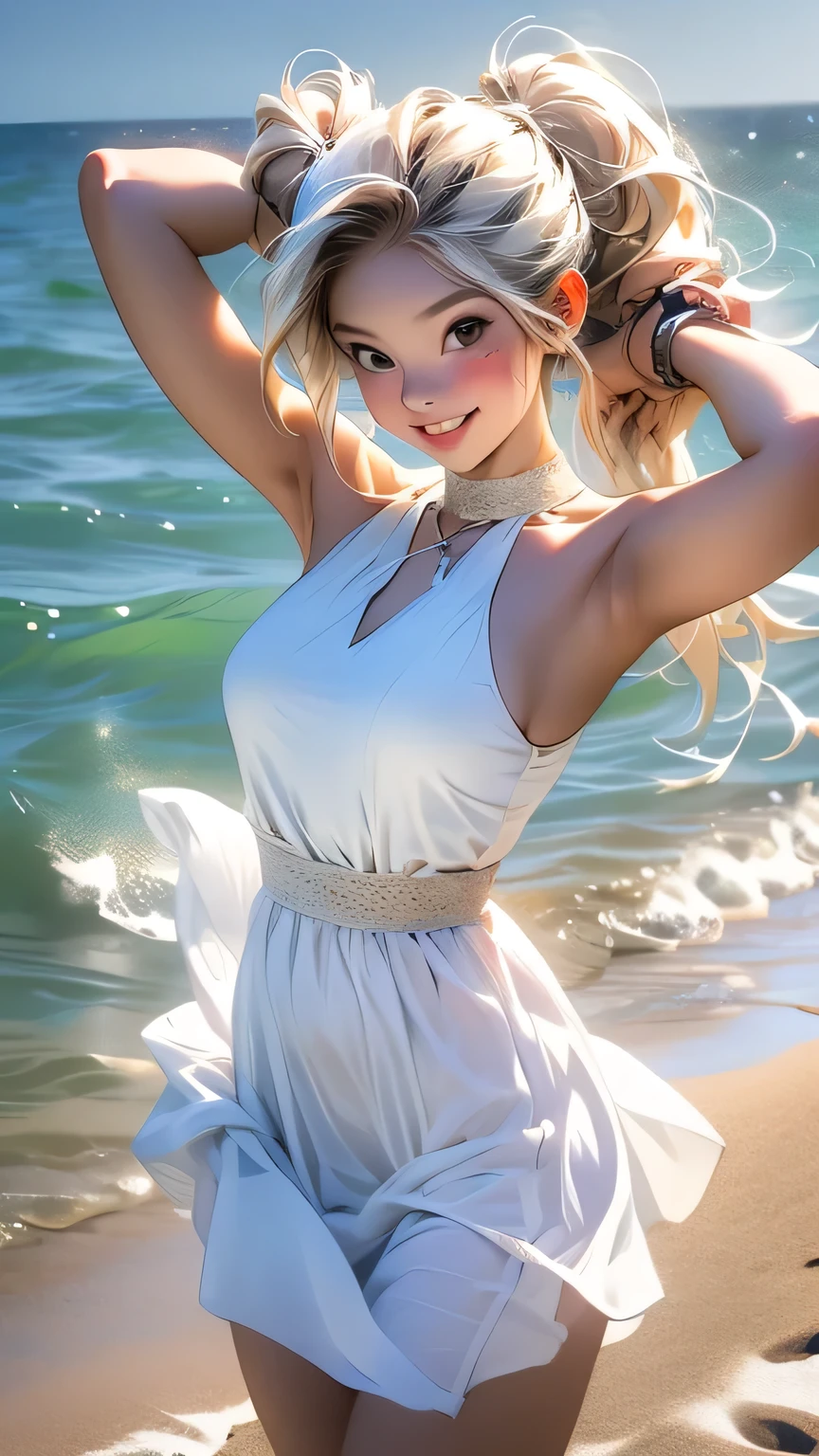 最high quality, masterpiece, , ,short, Huge breasts, Black Hair,Low twin tails, Black eyes, Yukinecris, Thin twin tails,, Beach, Ocean, White Dress, White Skirt, White dress, Straw hat, (((shy))), (Happy), Leaning forward, summer, From above, Reaching out, smile, masterpiece, 最high quality, high quality, High resolution、 ((smile)), smileで、((Random pose))、