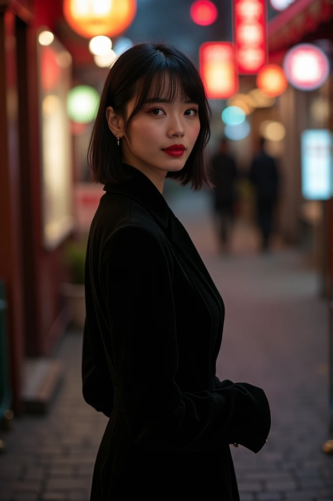 (Highest quality、Highest quality、8k resolution、masterpiece、Professional photography、Award-winning works)、(mature beautiful japanese woman:1.1)、(Stroll through the entertainment district, filled with nightlife and glamour:1.1)、(Strongly blurred background:1.1)、The most romantic and moody atmosphere、(The perfect black mourning outfit:1.2)、Standing Elegantly、(Voluptuous body:1.1)、(Straight Short Hair:1.1)、The best smile when he sees me、Large Breasts、Perfect Makeup、Beautiful lipstick、Elegant eyeshadow、Long eyelashes、Ultra-high resolution glossy skin、(Accurate anatomy:1.1)