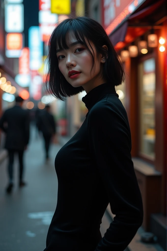 (Highest quality、Highest quality、8k resolution、masterpiece、Professional photography、Award-winning works)、(mature beautiful japanese woman:1.1)、(Stroll through the entertainment district, filled with nightlife and glamour:1.1)、(Strongly blurred background:1.1)、The most romantic and moody atmosphere、(The perfect black mourning outfit:1.2)、Standing Elegantly、(Voluptuous body:1.1)、(Straight Short Hair:1.1)、The best smile when he sees me、Large Breasts、Perfect Makeup、Beautiful lipstick、Elegant eyeshadow、Long eyelashes、Ultra-high resolution glossy skin、(Accurate anatomy:1.1)