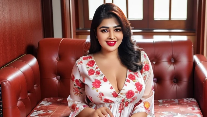 Day scene, full body photo of a plus sized 45 year old indian with a man top view , (Masterpiece, Best Quality, High Resolution), office Background, (cum Splash on blouse and lips, cum Splash on her face, Splash of cum, cum Splash), Sweet 25 year old indian women with a man laying on a office couch, hour glass body red lips, cream colour silk gown printed with red flowers, lightly makeup,ultra realistic, realistic, look at viewer (cinematic:1.3), intricate details, a group of naked men cheering next to her