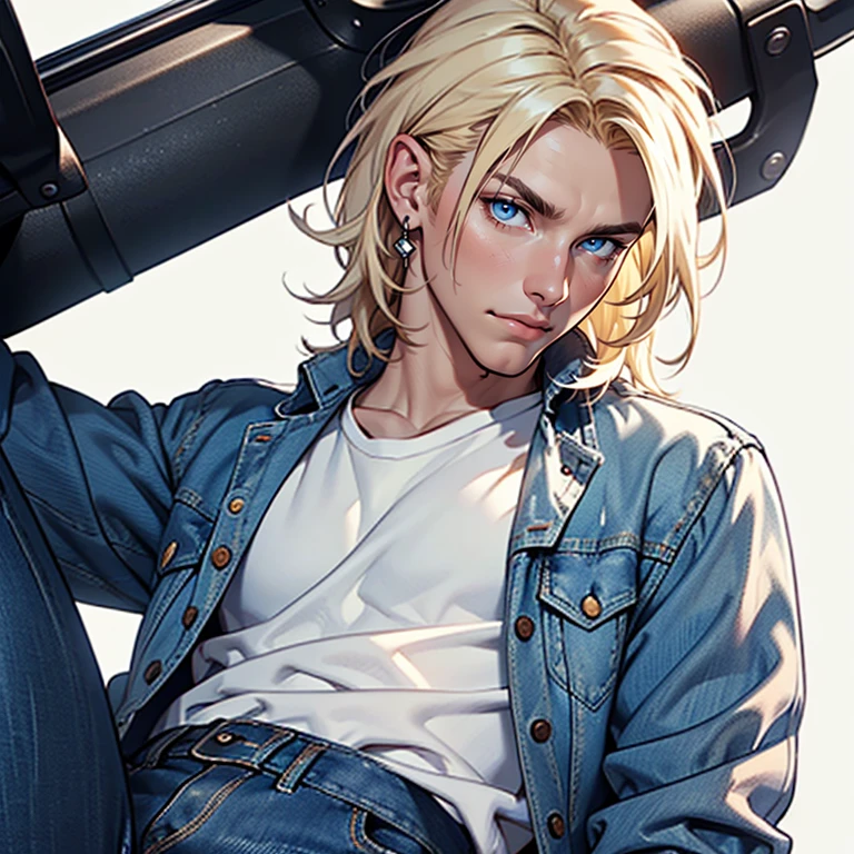 ((masterpiece)), (((best quality))), solo, 1 male, pale white skin, light blonde hair, medium hair, straight hair, handsome man, blue eyes, simple earrings, tight white t-shirt, black leather jacket, tight jeans, detailed face, highest quality, highly detailed, original, high resolution CG Unit 8k wallpaper, (best quality, artwork, masterpiece, 4k)