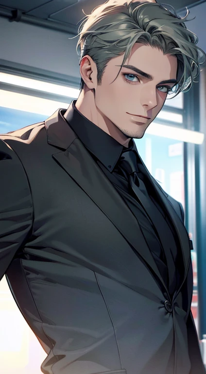 (best quality,4k,8k,highres,masterpiece:1.2),ultra-detailed,(realistic,photorealistic,photo-realistic:1.37),1 man,31 years old,mature man,very handsome,without expression,smile,short grey green hair,blue eyes,penetrating gaze,perfect face without errors,imposing posture,businessman,office background,cinematic lighting,hdr image