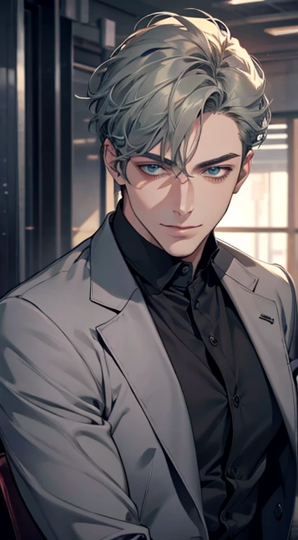 (best quality,4k,8k,highres,masterpiece:1.2),ultra-detailed,(realistic,photorealistic,photo-realistic:1.37),1 man,31 years old,mature man,very handsome,without expression,smile,short grey green hair,blue eyes,penetrating gaze,perfect face without errors,imposing posture,businessman,office background,cinematic lighting,hdr image