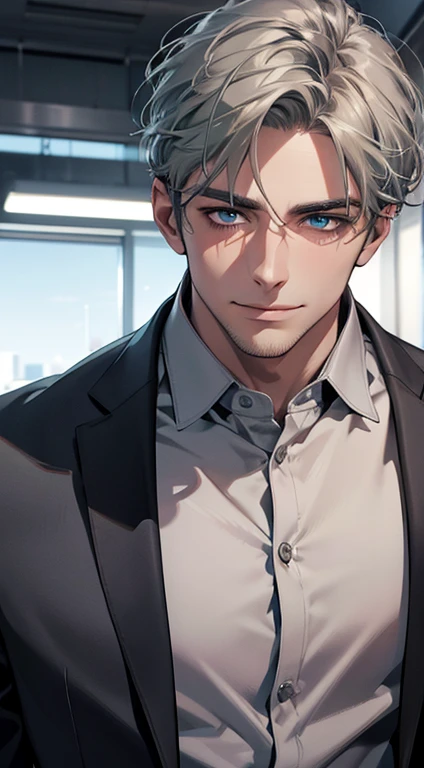 (best quality,4k,8k,highres,masterpiece:1.2),ultra-detailed,(realistic,photorealistic,photo-realistic:1.37),1 man,31 years old,mature man,very handsome,without expression,smile,short grey green hair,blue eyes,penetrating gaze,perfect face without errors,imposing posture,businessman,office background,cinematic lighting,hdr image
