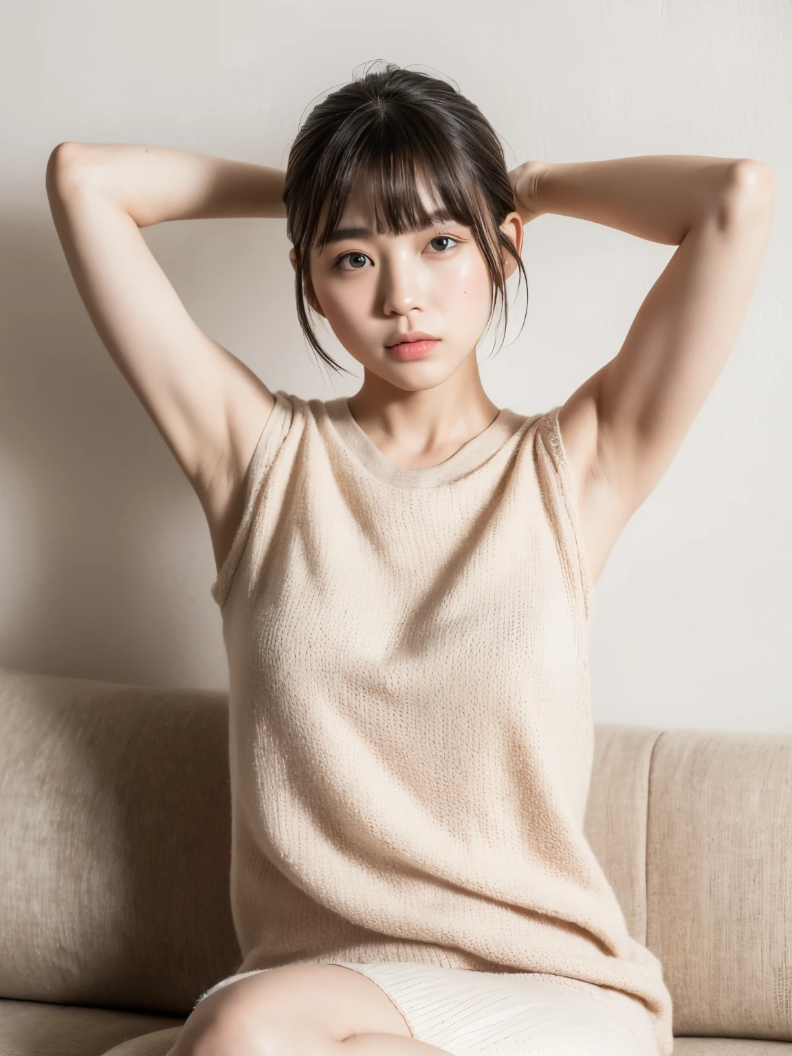 Cute Japanese girl, wearing a beige knit dress, with short hair having bangs and a high ponytail hairstyle, stretching her arms on the sofa in her luxury apartment living room, a full body shot, a real photo, full of details, high resolution, very detailed, high definition, sharp focus, super realistic, super detailed, with professional photography lighting, studio light, natural skin texture showing pores, soft pastel colors, full frame, in the style of studio photography.