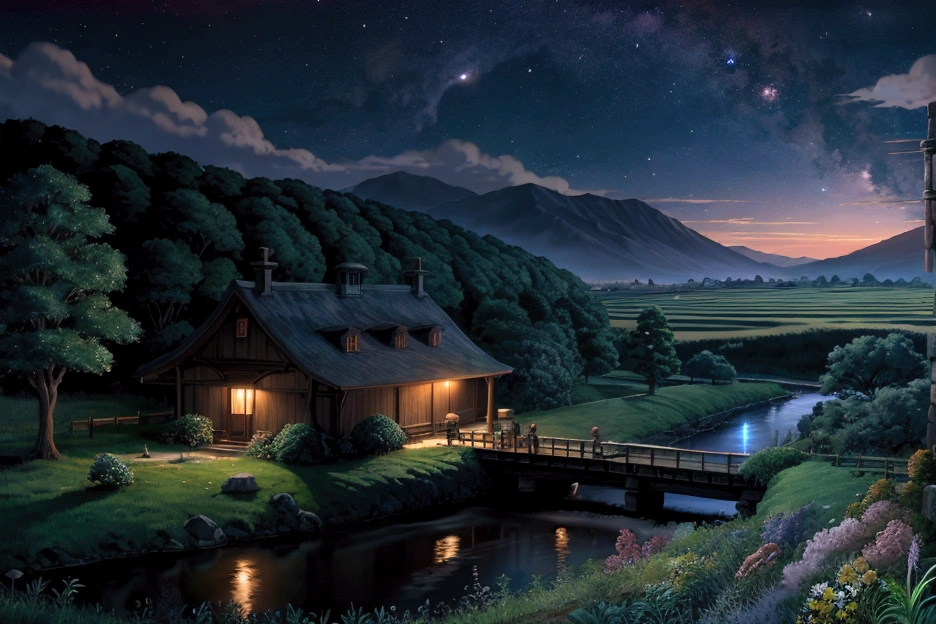 Rural Scenery、Ghibli style、night、
