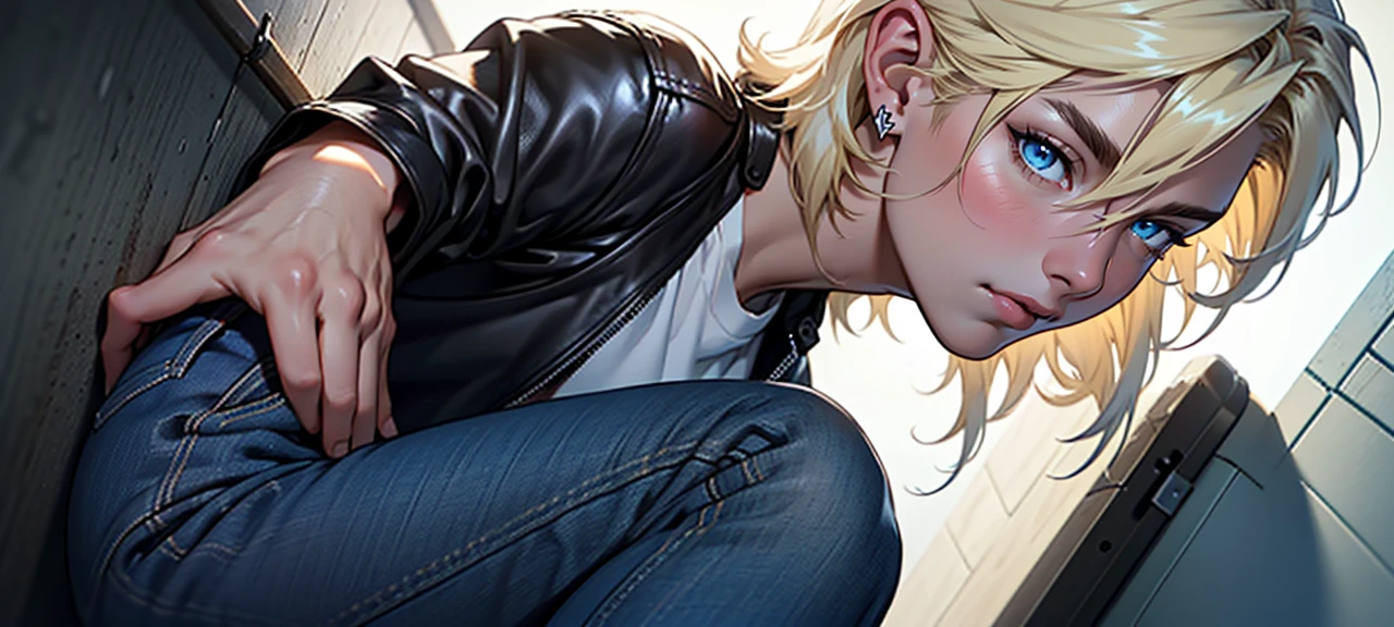 ((masterpiece)), (((best quality))), solo, 1 male, pale white skin, light blonde hair, medium hair, straight hair, handsome man, blue eyes, simple earrings, tight white t-shirt, black leather jacket, tight jeans, detailed face, highest quality, highly detailed, original, high resolution CG Unit 8k wallpaper, (best quality, artwork, masterpiece, 4k)