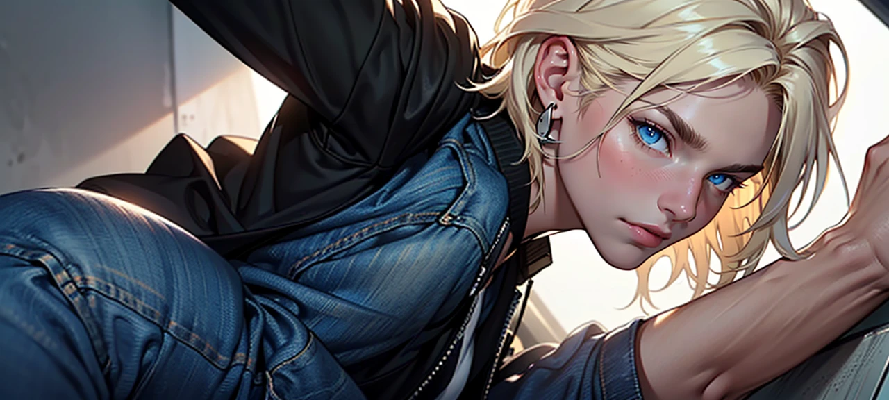 ((masterpiece)), (((best quality))), solo, 1 male, pale white skin, light blonde hair, medium hair, straight hair, handsome man, blue eyes, simple earrings, tight white t-shirt, black leather jacket, tight jeans, detailed face, highest quality, highly detailed, original, high resolution CG Unit 8k wallpaper, (best quality, artwork, masterpiece, 4k)