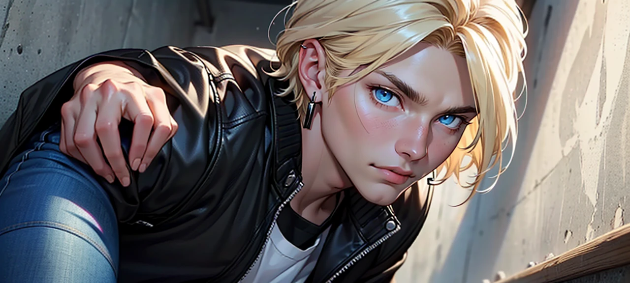 ((masterpiece)), (((best quality))), solo, 1 male, pale white skin, light blonde hair, medium hair, straight hair, handsome man, blue eyes, simple earrings, tight white t-shirt, black leather jacket, tight jeans, detailed face, highest quality, highly detailed, original, high resolution CG Unit 8k wallpaper, (best quality, artwork, masterpiece, 4k)