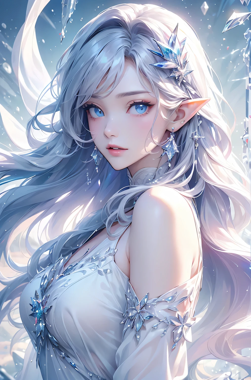 (masterpiece、Highest quality、Highest、Official Art、beautifully、aesthetic、exposed for a long time:1.2)、Smooth movement、Attractive patterns、One Girl、(Long dress with sleeves:1.3)、(((White clothes)))、Upper Body close-up、Expose your shoulders、Korean Girls、smile、Light purple long hair、Portraiture、alone、Upper Body、Looking at the observer、Detailed Background、Detailed face、(Crystallized AI、Crystal Theme:1.1)、Elemental wind Elf、回転wind、 wind、White crystal clothes、Dynamic pose、Suspended particles、Aether Dynamics、旋wind、vapour、背景に旋wind、White Tone、旋wind、Ethereal atmosphere、