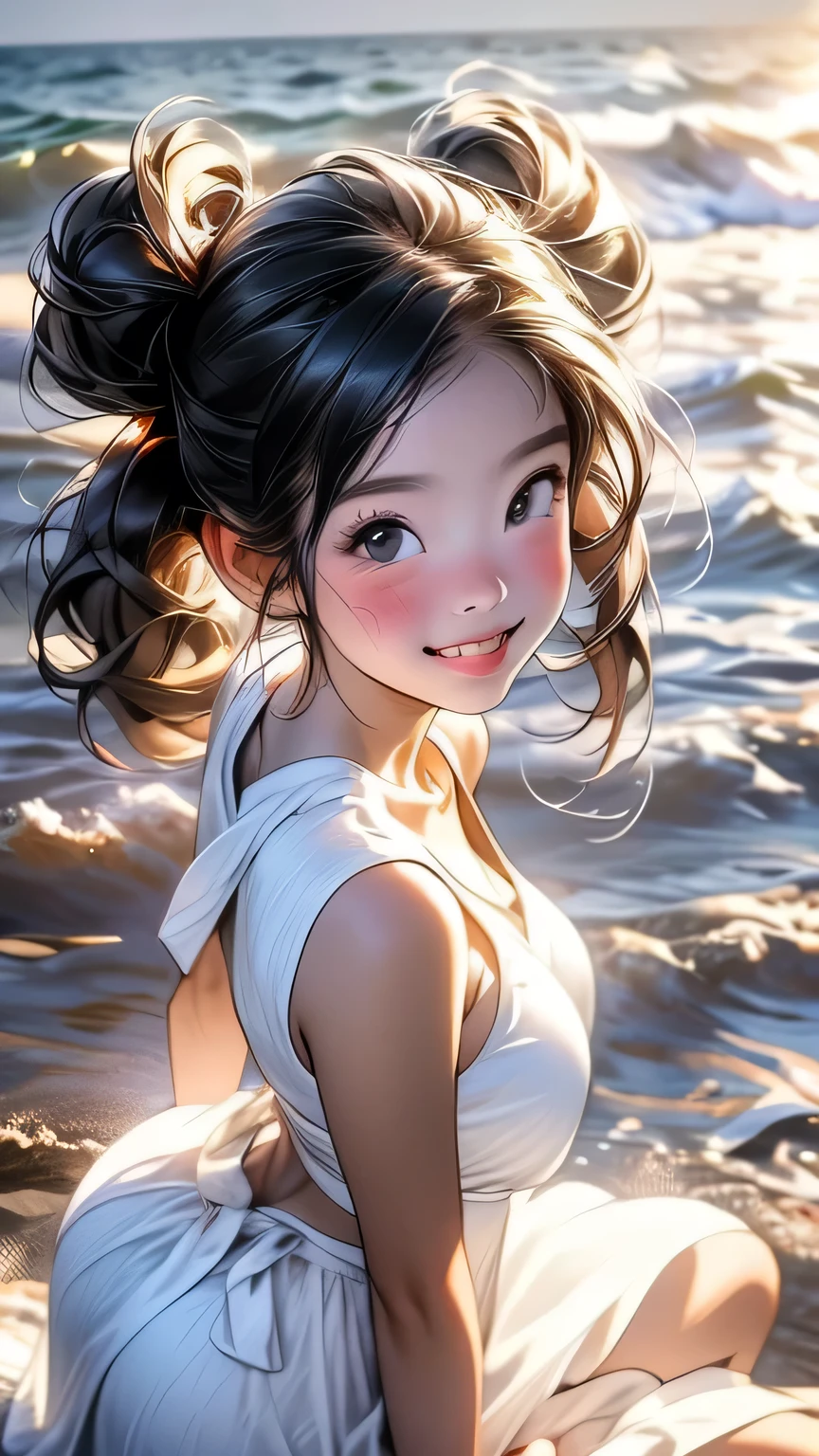 最high quality, masterpiece, , ,short, Huge breasts, Black Hair,Low twin tails, Black eyes, Yukinecris, Thin twin tails,, Beach, Ocean, White Dress, White Skirt, White dress, Straw hat,  (((shy))), (Happy), Leaning forward, summer, From above, Reaching out, smile, masterpiece, 最high quality, high quality, High resolution､ ((smile)), smileで､((Random pose))､