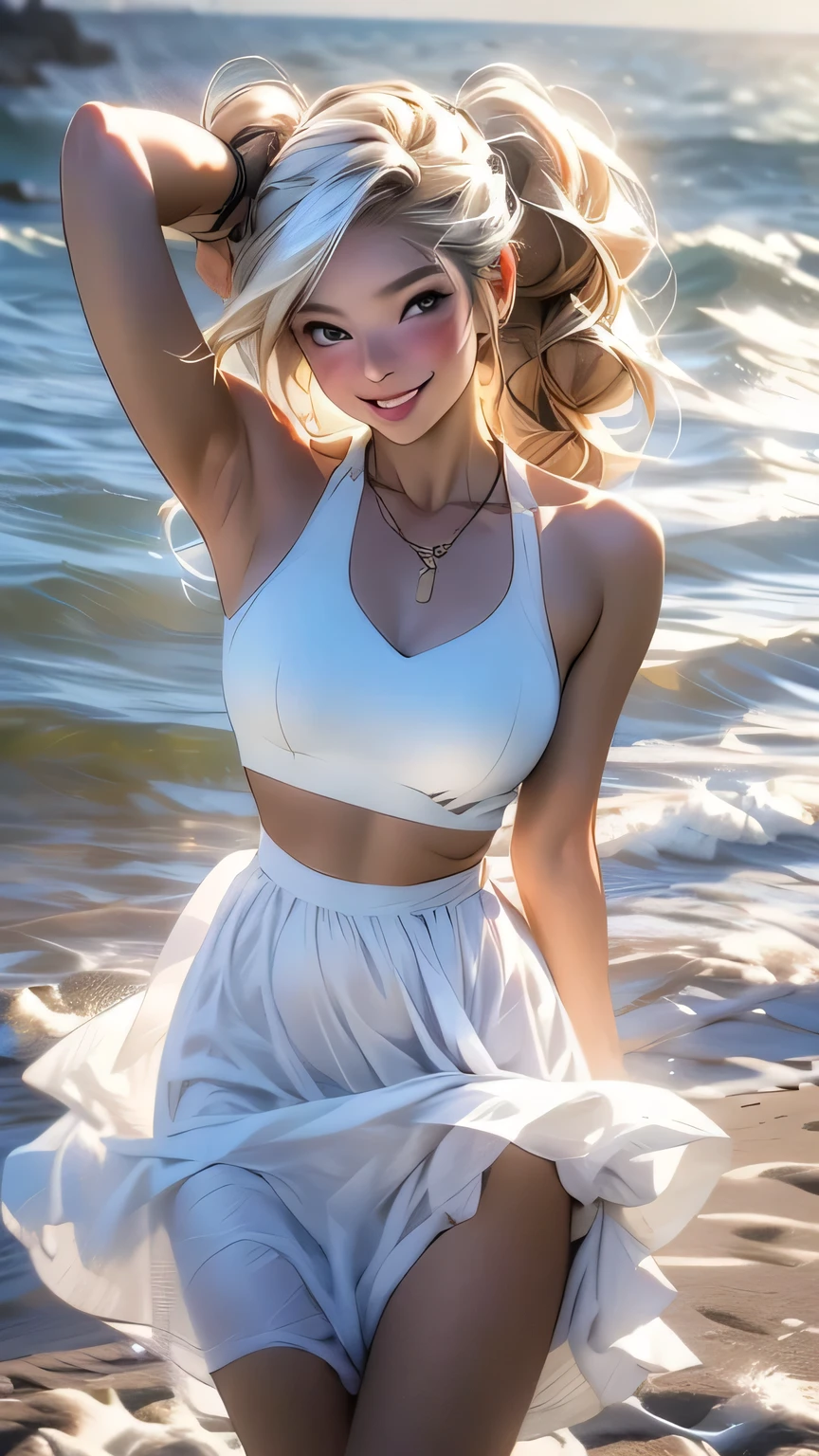 最high quality, masterpiece, , ,short, Huge breasts, Black Hair,Low twin tails, Black eyes, Yukinecris, Thin twin tails,, Beach, Ocean, White Dress, White Skirt, White dress, Straw hat, (((shy))), (Happy), Leaning forward, summer, From above, Reaching out, smile, masterpiece, 最high quality, high quality, High resolution、 ((smile)), smileで、((Random pose))、