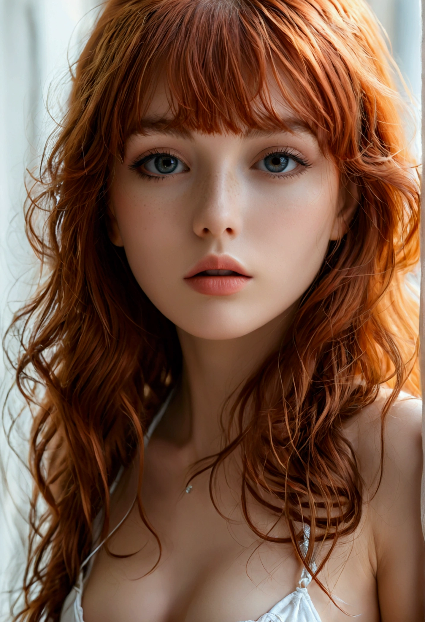 (full body shot:1) photorealistic image of a (standing pose:1) woman, ultrarealistic, photography, long red hair, woman, 24 years old, hourglass figure, perfect body, Flirty look, natural medium breasts, blur background, Deslumbrante cabello rubio súper long y sedoso、dancing in front of a pretty face、long, silky bangs that cover the space between the eyes very beautiful, bright,、very big eyes、Hair that hides the face.、Mujer joven y bonita sexy con flequillo súper long、pure white skin、cheek glow highlight, topless, showing naked breasts,white micro thong