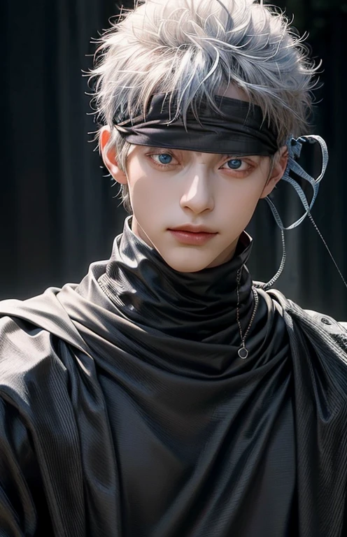 Envision a hyper-realistic image of a man with striking features, bringing to life the character of Gojo Satoru from Jujutsu Kaisen. His silver hair, short and unruly, frames a well-proportioned, small face that captures his sharp and attractive features. His eyes, a vivid blue, are hidden behind a blindfold, yet his face conveys the confidence and playful smirk that Gojo is known for.

His build is lean and his posture relaxed yet poised, wearing a form-fitting black turtleneck that complements his stature. The texture of his clothing suggests quality and precision, fitting for his character’s refined strength. The background should be subtle, directing the focus to his mysterious and enigmatic presence, which is underscored by the iconic blindfold—a symbol of his unique abilities and charismatic nature.