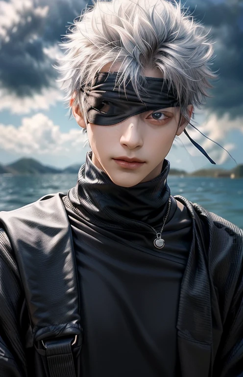 Masterpiece, 8K, 3D, Realistic, Ultra Micro Photography,Full: 1.3, Standing, Best Quality, nsfw, ((Gojou Satoru)), Jujutsu kaisen, 1 male, 28 years old, Face Details:1.2, Beautiful face, ((Black blindfold)), Blue eyes, Beautiful eyes, Shiny eyes, Silver hair, short and unruly standing Hair, ((wearing a form-fitting black turtleneck)), Thin lips, Double eyelids, tall, Thin and muscular, Small face, Perfect proportions, Model pose, visible pores, seductive smile, smile with confidence, (sea: 1.3, vivid blue sky, high school, open sea, strong natural light, detailed background, sunlight, exquisite lighting and shadow), dynamic angle, DSLR, sharp focus: 1.0, maximum clarity and sharpness,