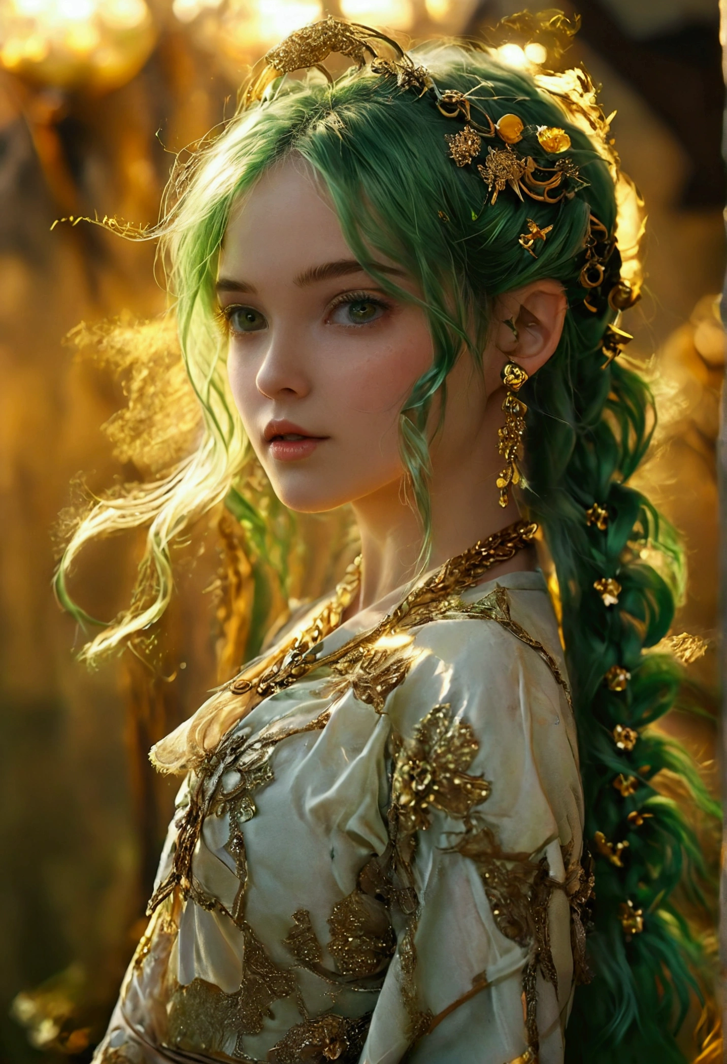 Green Hair，Double tail，Golden pupils，Prairie costumes，Girl
