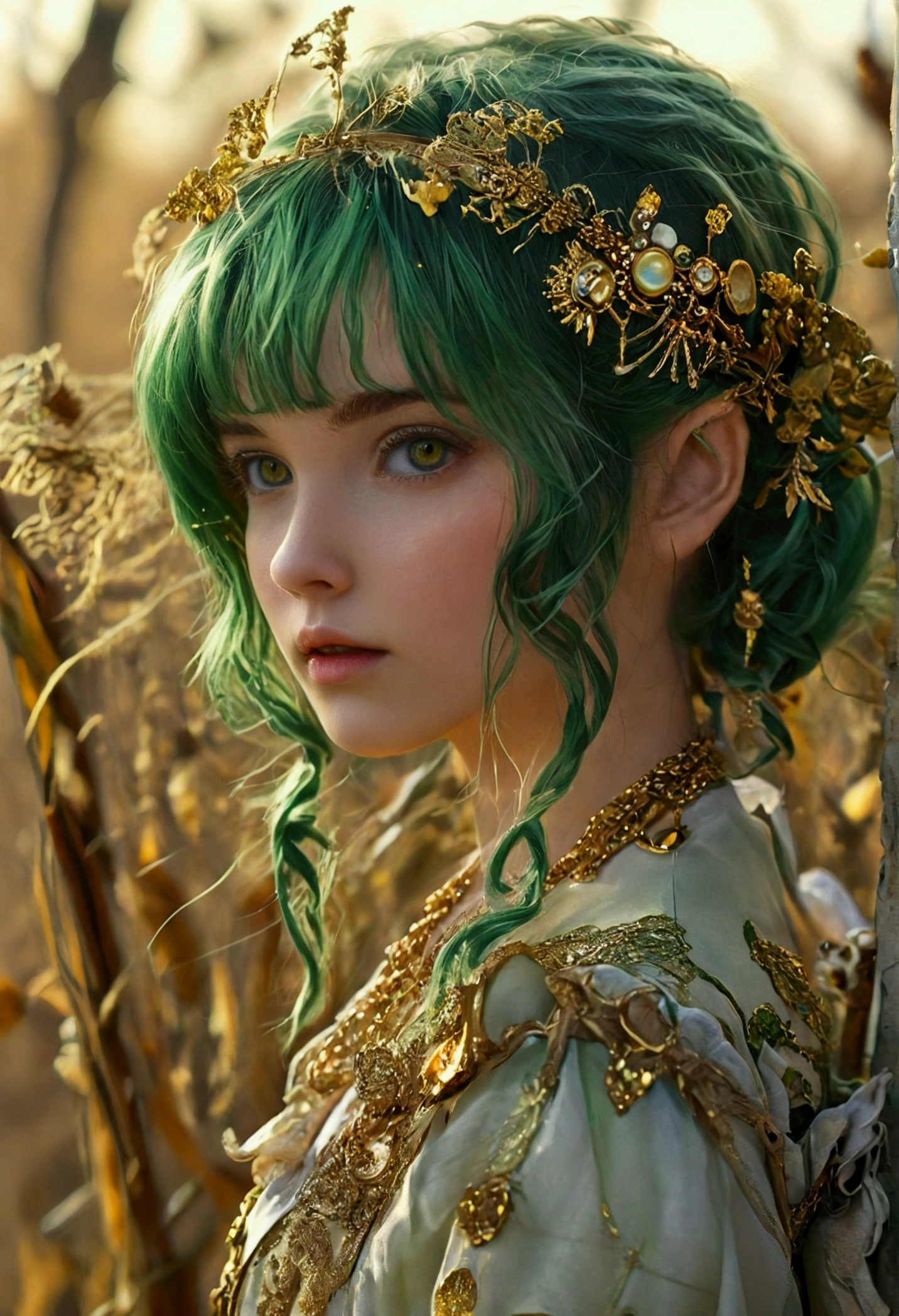 Green Hair，Double tail，Golden pupils，Prairie costumes，Girl