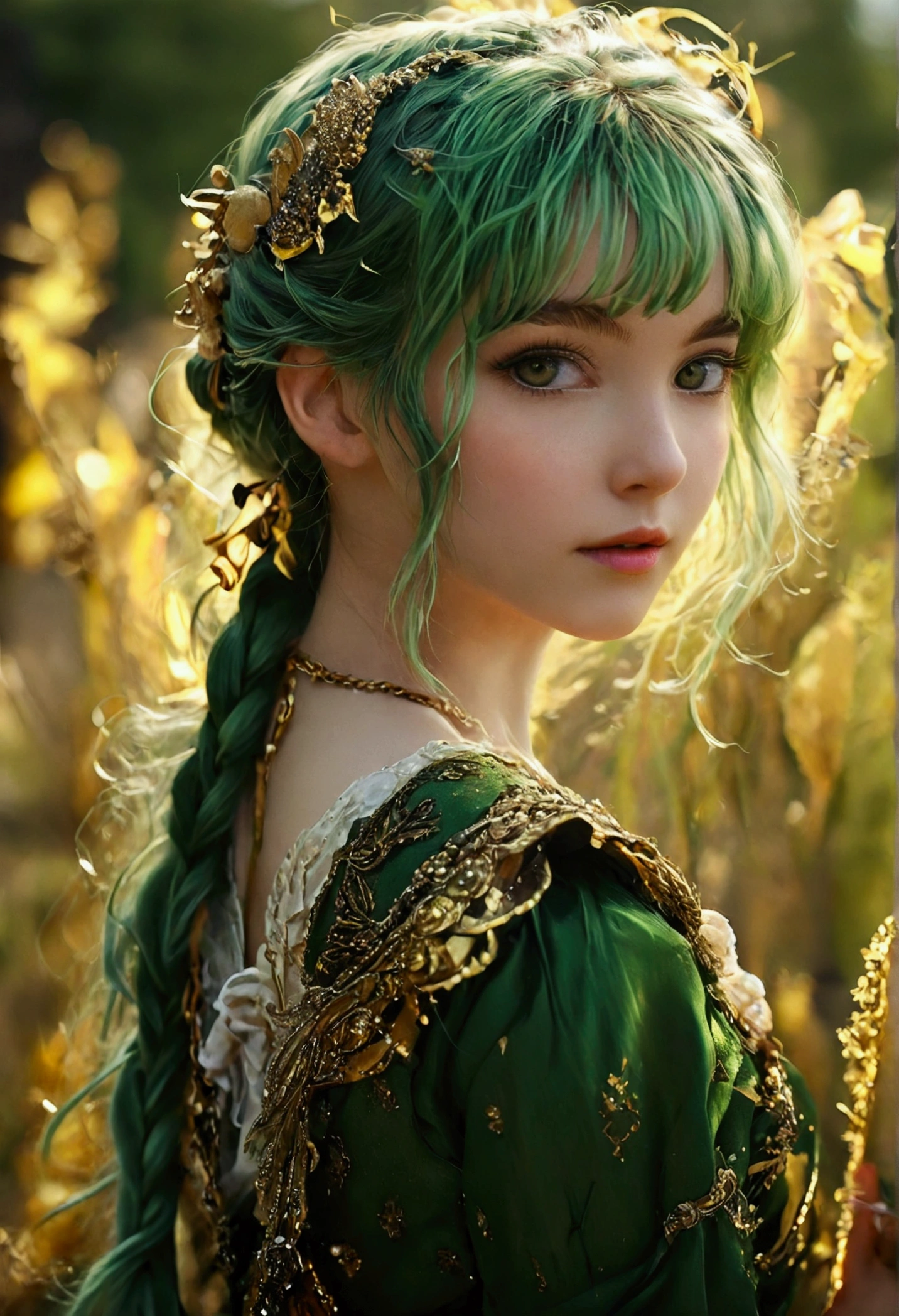 Green Hair，Double tail，Golden pupils，Prairie costumes，Girl