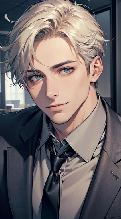 (Highest quality,4K,8K,High resolution,masterpiece:1.2),Super detailed,(Realistic,photoRealistic,photo-Realistic:1.37),1 person,34 years old,Mature Men,Beautiful skin、very handsome,Expressionless smile in love,Short white hair,green eyes,Sharp Eyes,A perfect face without a doubt,Businessman, CEO, Office Background,Cinema Lighting,HDR image,tie、