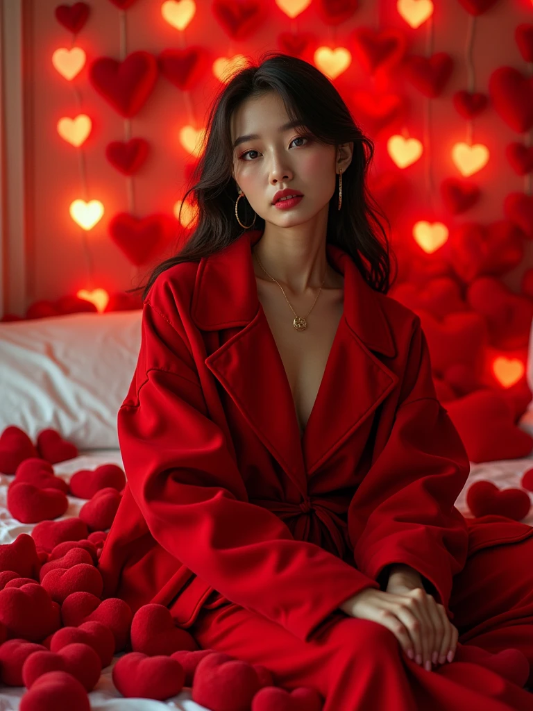 a woman sitting on a bed surrounded by hearts, beauty campaign, inspired by Tang Sin Yun Sandara, modeling photograph kerli koiv, lalisa manoban of blackpink, photo still of interior, promotional shot, by Zou Yigui, red coat, cp2077, ads, many hearts, ad image