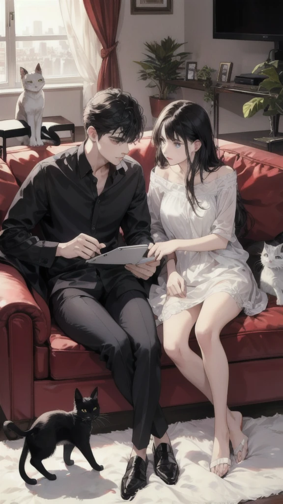 Young caucasian guy and young caucasian girl sitting on a sofa in an apartment watching TV with several cats.,black hair, Black Cat,White cat