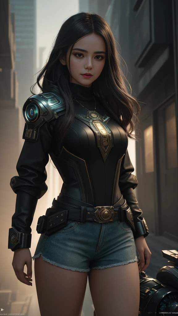Commercial portraits of teenage girl models on Instagram. Wearing long-sleeved shirts and shorts in the midst of a futuristic city In the style of realistic cyberpunk, baroque, intricate clothing details, aristocratic., hot, gorgeous, full body , perfect light perfect composition Beauty Award winning masterpiece Artstation 8 k Artgerm Mucha Dim Volumetric lighting Octane 18 k Beautiful detail rendering. post processing, portrait, exaggerated detail, complex, grand composition, cinematic lighting, masterpiece, trending art station, high detail, masterpiece, beautiful, 18k , HDR, smooth, sharp focus, high resolution