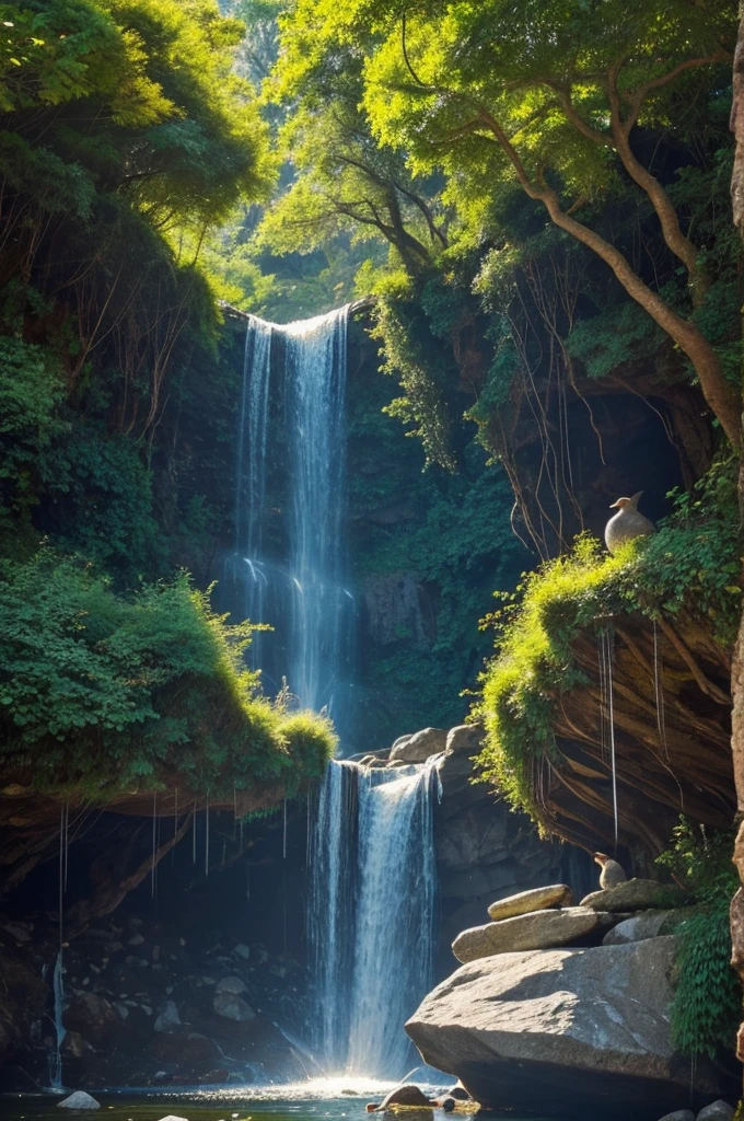 (Best Quality)), ((masterpiece)), (detailed), recreate this picture that, behind the waterfall, There was a delicate bush growing in a crack in the rock and in its branches was a nest.. Over there, in the roar of the violent fall of water, a little bird was peacefully hatching. After carefully observing the two paintings for a long time, The king decided on the latter. Peace does not mean being in a place without noise, No problem, without hard work or pain. on the contrary, if we have true peace in our hearts, we will remain calm, serene and like the little bird, We will appear confident in the face of the roar of our daily problems