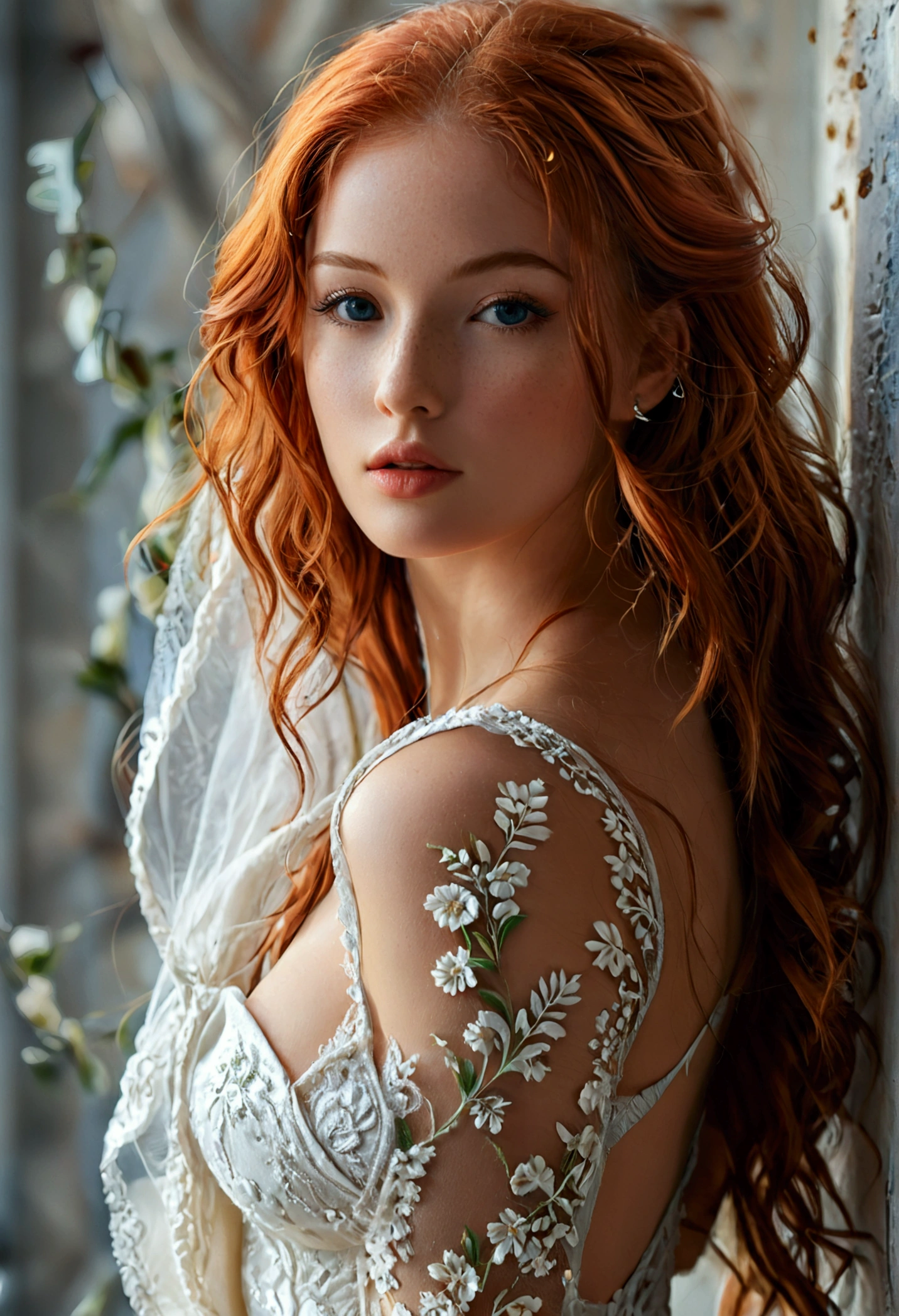 (full body shot:1) photorealistic image of a (standing pose:1) woman, ultrarealistic, photography, long red hair, woman, 24 years old, hourglass figure, perfect body, Flirty look, natural medium breasts, blur background, This character portrays a confident alluring and sexy, playboy style woman, 22 years old, athletic body, gray eyes, (realistic:1.3), hyper detailed, photorealistic, portrait, masterpiece, vibrant colors, natural lighting, cinematic composition, clad in white dress