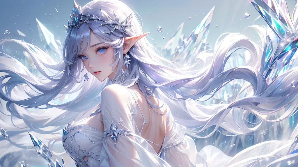 (masterpiece、Highest品質、Highest、Official Art、beautifully、aesthetic、exposed for a long time:1.2)、Smooth movement、Attractive patterns、One Girl、(Long dress with sleeves:1.3)、(((White clothes)))、Upper Body close-up、Expose your shoulders、Korean Girls、smile、Light purple long hair、Portraiture、alone、Upper Body、Looking at the observer、Detailed Background、Detailed face、(Crystallized AI、Crystal Theme:1.1)、Elemental Wind Elf、回転Wind、 Wind、White crystal clothes、Dynamic pose、Suspended particles、Aether Dynamics、旋Wind、vapor、背景に旋Wind、White Tone、旋Wind、Ethereal atmosphere、