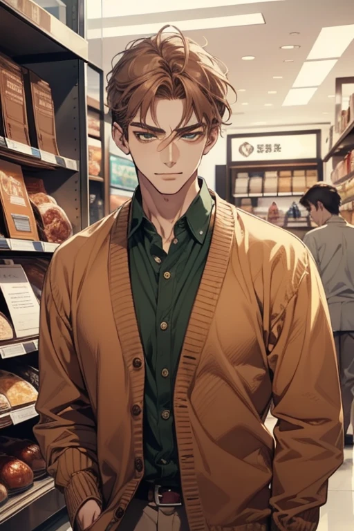 masterpiece, best quality, realistic, 1man, mature male, quiet and charming young man, 35 years old, close his eyes, ((soft smile)), closed mouth, extremely detailed face, a little distant, ((dark green eyes)), ((short-side-swept sandy Brown hair)), [thick eyebrows], (caramel cardigan and brown trousers), (waiting in front of the store)