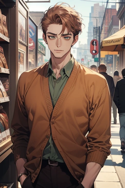 masterpiece, best quality, realistic, 1man, mature male, quiet and charming young man, 35 years old, close his eyes, ((soft smile)), closed mouth, extremely detailed face, a little distant, ((dark green eyes)), ((short-side-swept sandy Brown hair)), [thick eyebrows], (caramel cardigan and brown trousers), (waiting in front of the store)