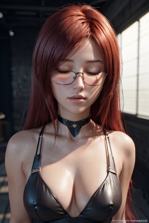 long, Red hair, closed eyes, naked, bust size , kiss, Littler fox, 15 years, mee glasses. ((elegance. gradient. photorealism. unreal engine. 3D model. Ultra high quality textures. high detail. permission 8k))