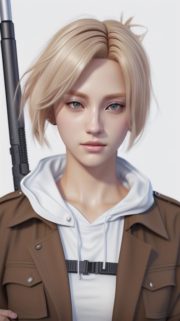 With a gun、Blonde woman in a white shirt and brown jacket, looking like Annie Leonhart, Annie Leonhart, artwork in the style of Gwaiz, ig model | ArtJam, Realistic Anime 3D Style, Short Hair, Shin Jinyoung, Trending on cgstation, Gwaiz, Blackpink's Joshi portrait, Ultra realistic anime, Cai Xukun