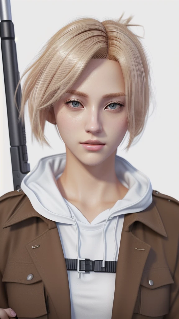 With a gun、Blonde woman in a white shirt and brown jacket, looking like Annie Leonhart, Annie Leonhart, artwork in the style of Gwaiz, ig model | ArtJam, Realistic Anime 3D Style, Short Hair, Shin Jinyoung, Trending on cgstation, Gwaiz, Blackpink's Joshi portrait, Ultra realistic anime, Cai Xukun